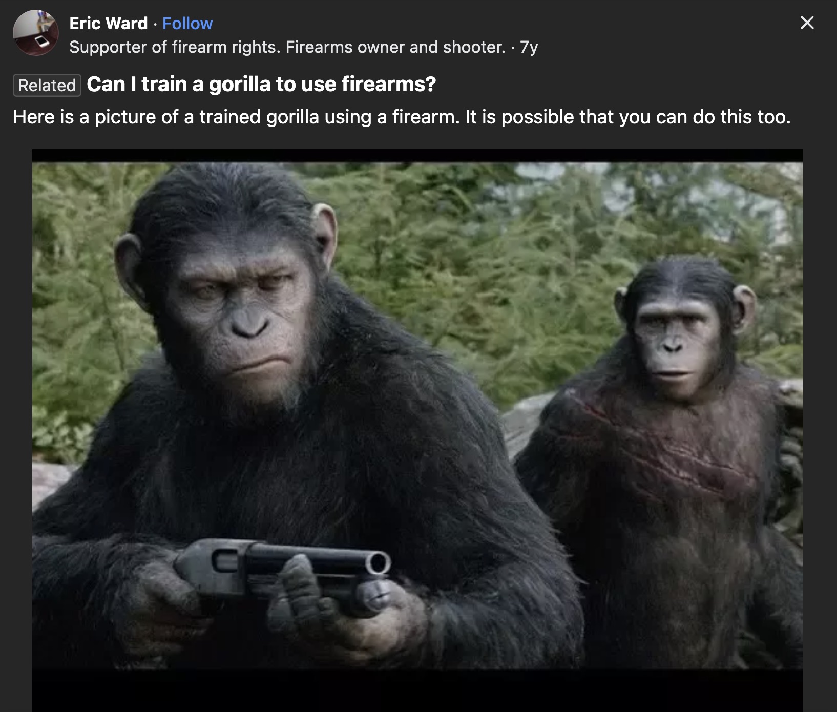 Eric Ward. Supporter of firearm rights. Firearms owner and shooter. 7y Related Can I train a gorilla to use firearms? Here is a picture of a trained gorilla using a firearm. It is possible that you can do this too.